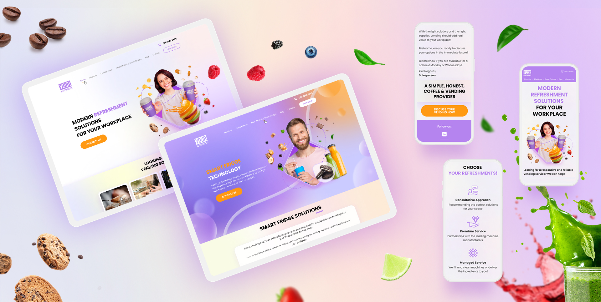 Brand-focused UI refresh examples across devices